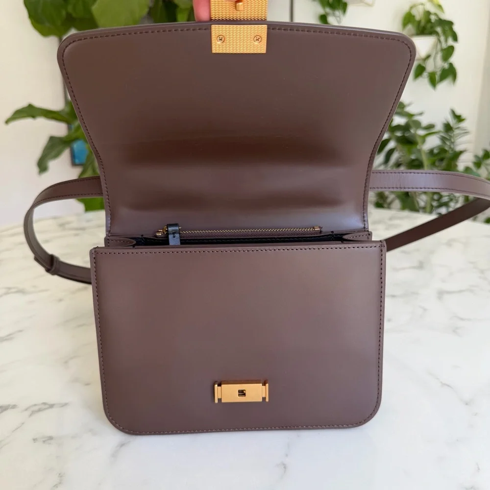 Quince Italian Leather Box Shoulder Bag Crossbody Dark Brown - Picture 8 of 16